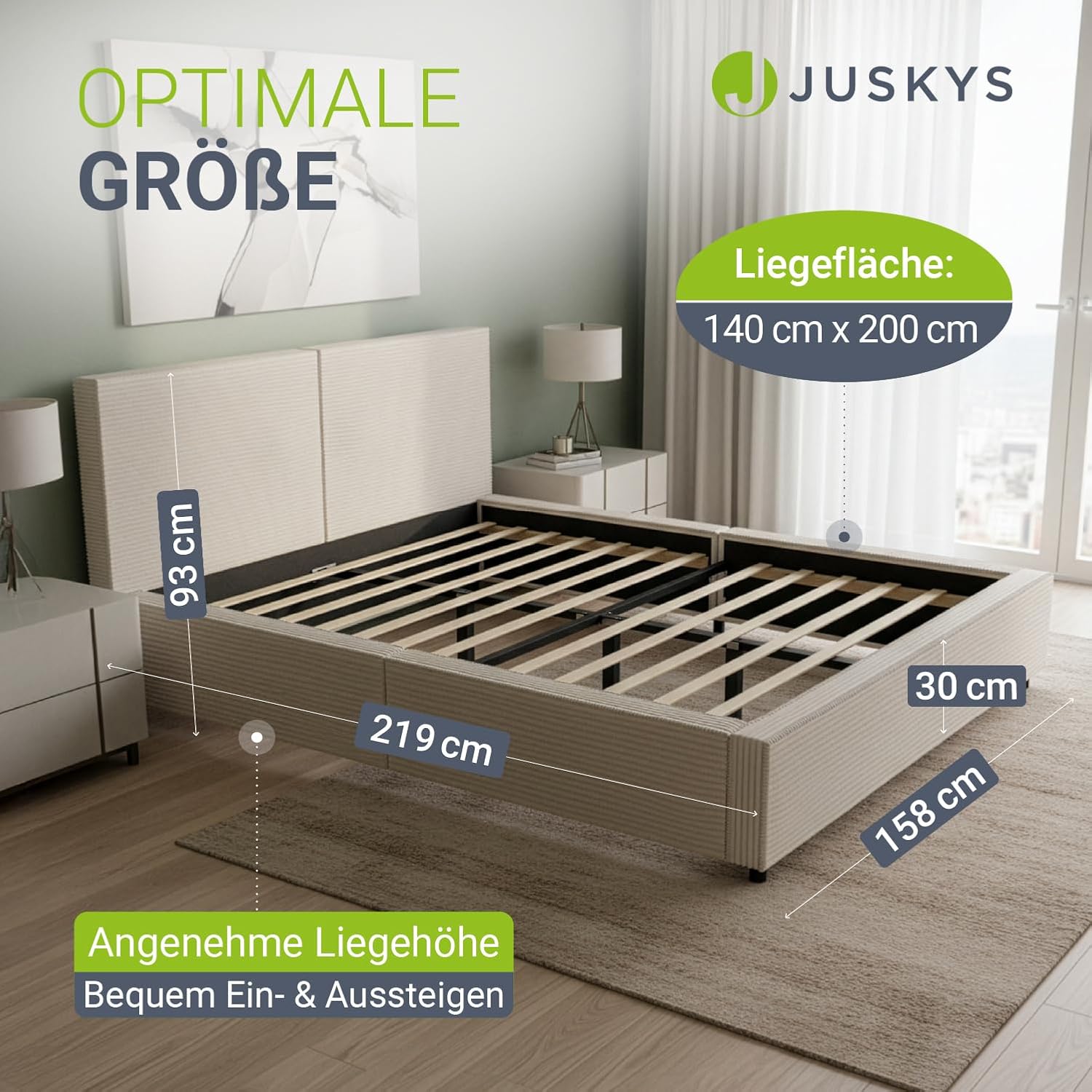 Juskys Polsterbett Salerno 140 x 200 cm – Cord Beige, modernes Bett mit Kopf- & Fußteil, stabilem Holz- & Metallrahmen, Lattenrost, 500 kg Tragkraft