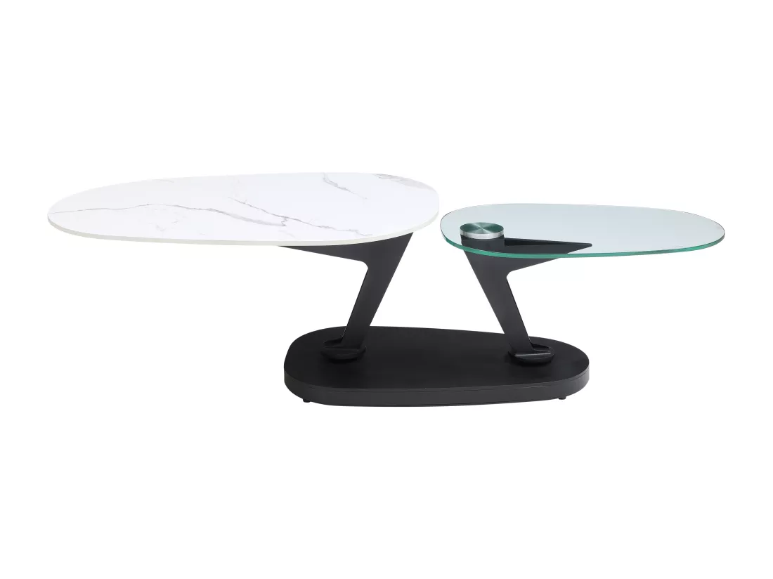Table basse avec plateaux pivotants en céramique, verre trempé et métal - Effet marbre blanc - NADRYA de Maison Céphy