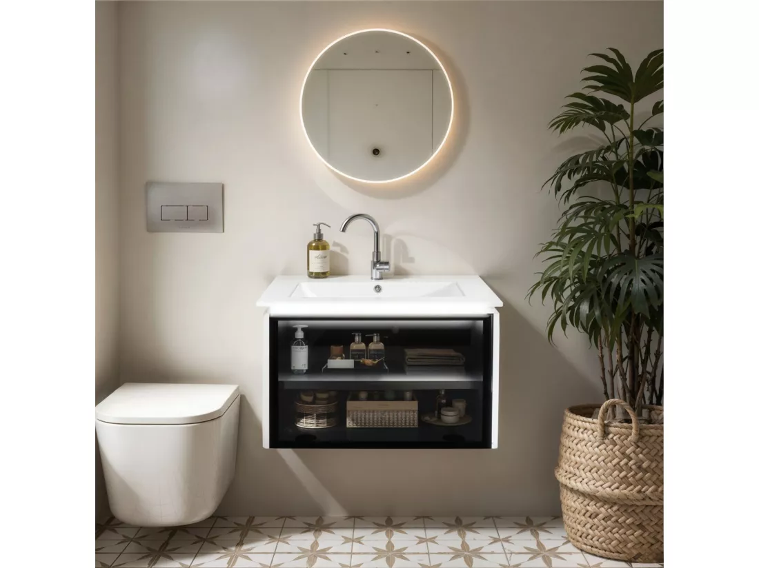 Meuble de salle de bain suspendu - avec vasque à encastrer, LED à induction et porte en verre - blanc - 61.5x46.5x47cm