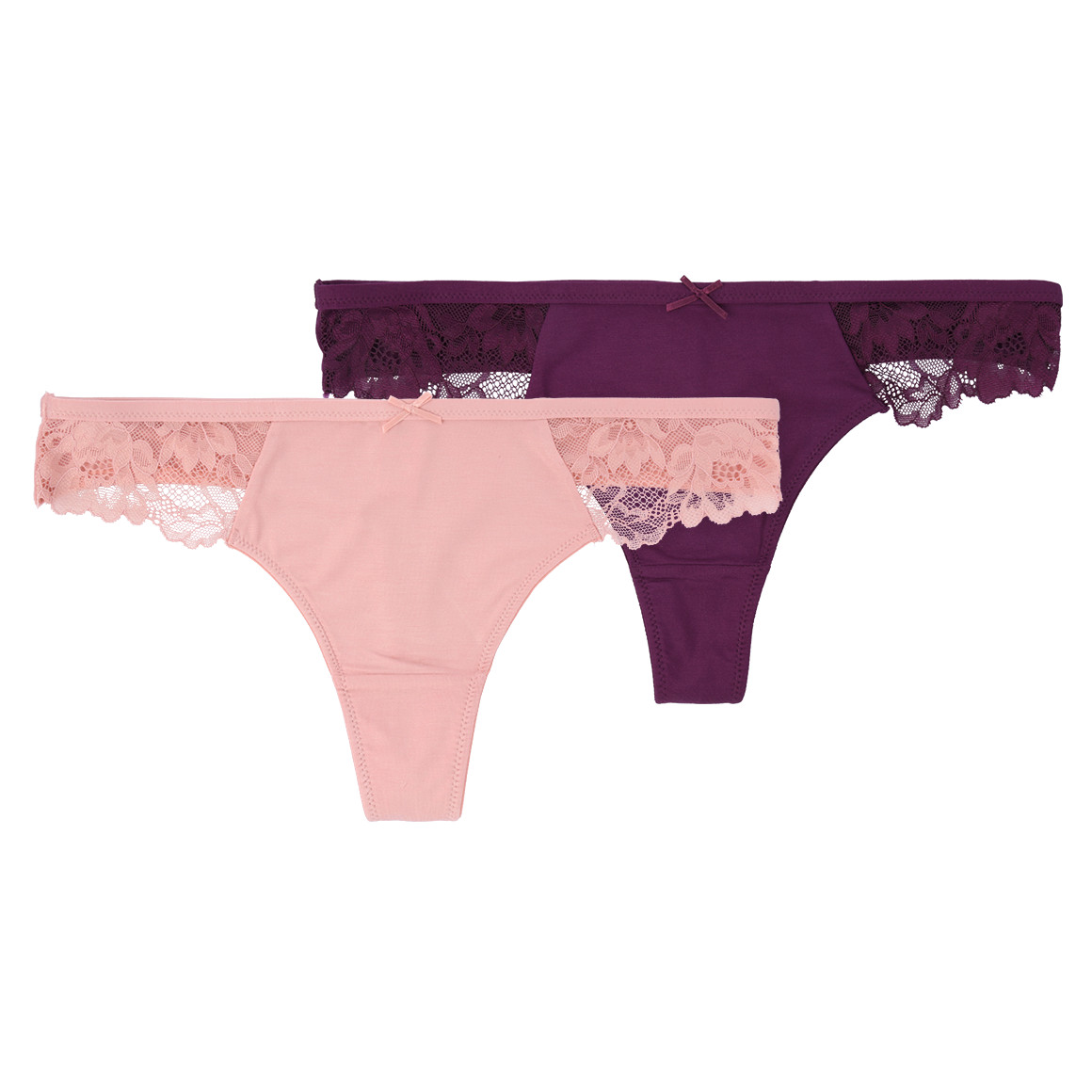 Gina Benotti 2 Damen Strings mit Spitzeneinsatz rosa / dunkellila