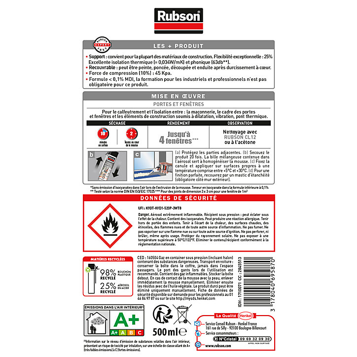 Mousse expansive Rubson Portes et Fenêtres aérosol 500ml
