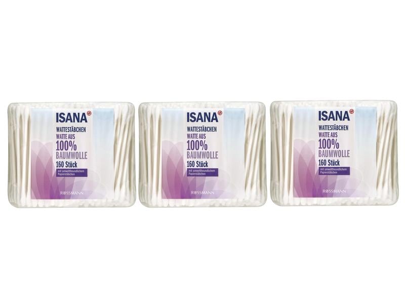 Isana Wattestäbchen 3 x 160 Stück Wattestäbchen aus 100% Baumwolle im praktischen Nachfüllpack