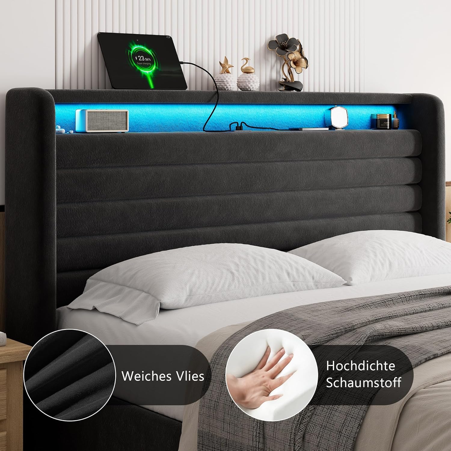 FEONASE Bett 140x200 mit Stauraum, Polsterbett 140x200 cm mit LED-Beleuchtung & Ladestation, Bettgestell mit Hydraulischem und Velous Kopfteil Stauraum, Lattenrost, Ohne Matratze, Dunkelgrau
