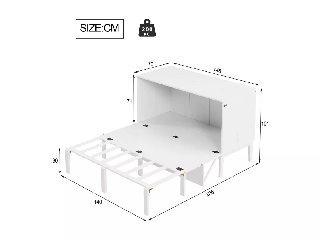 Lit escamotable 140x200 cm en bois - avec sommier à lattes - Blanc