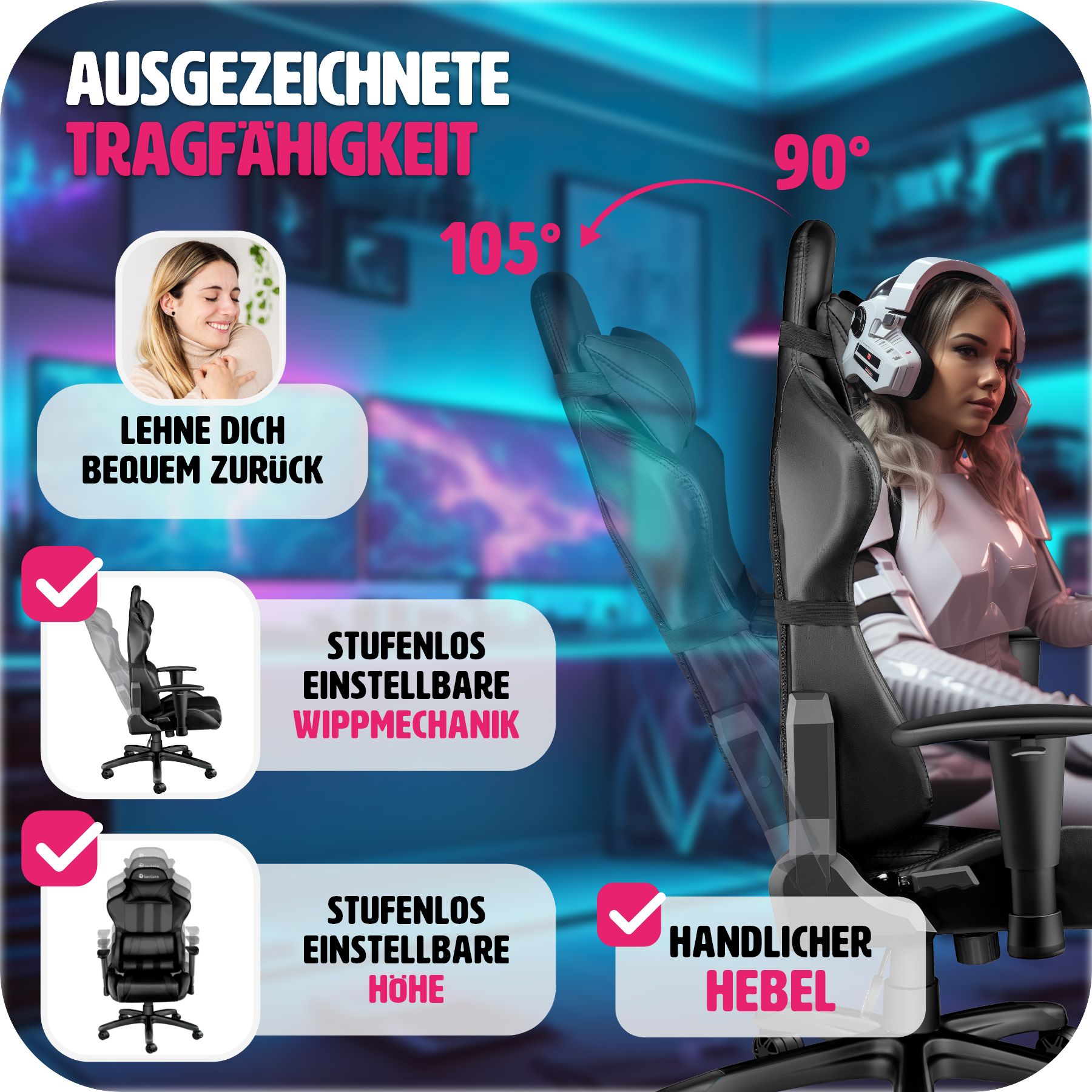 tectake® Racing Gaming Stuhl, ergonomische Form, mit verstellbarer Rückenlehne, Kunstlederbezug, abnehmbares Nacken- und Lendenkissen, Belastbarkeit 120 kg