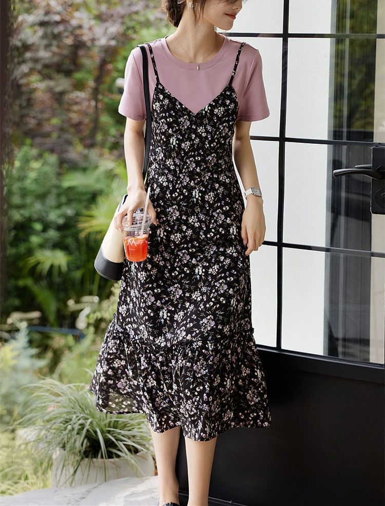 Kwuartz - Mock Two-Piece Short-Mouw Floral Print Midi A-Line Dress