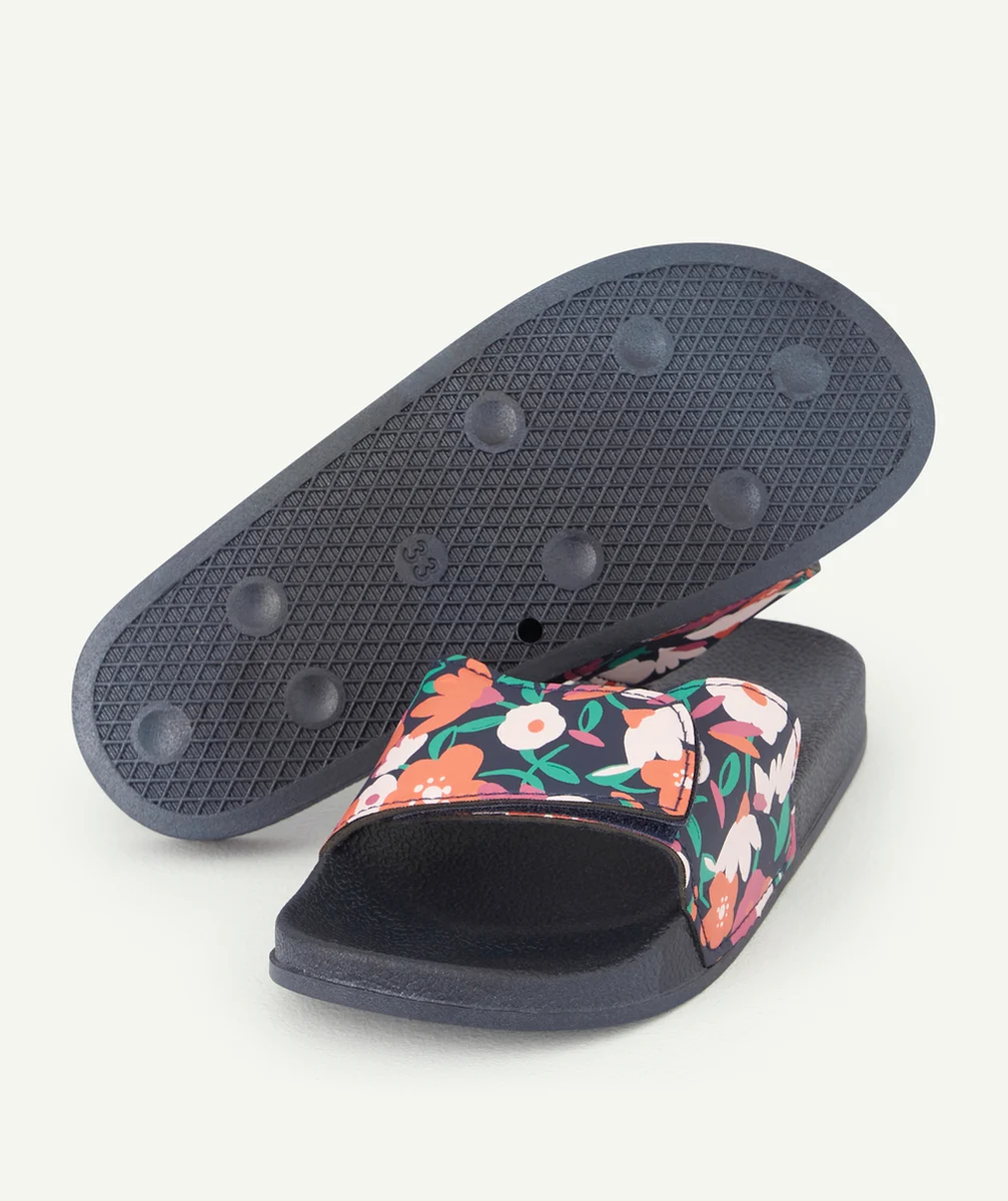 CLAQUETTES BLEU MARINE À BANDES FLEURIES COLORÉES FILLE