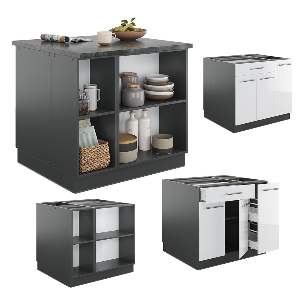 Vicco Kücheninsel Küchenblock Einbauküche Fame-Line Anthrazit Weiß 90 cm modern Hochglanz Küchen Schränke Apothekerunterschrank Schubunterschrank Regalinselunterschrank Softclose-Scharnier Küchenmöbel