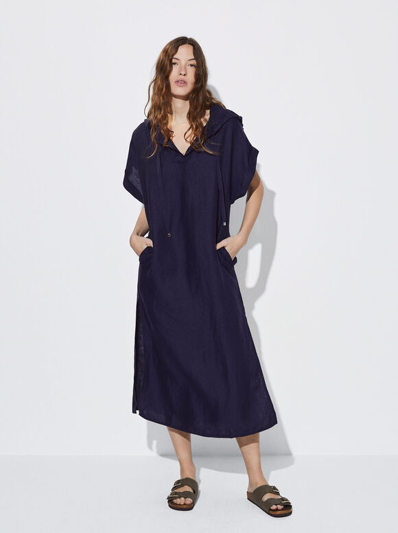 Vestido de linho com capuz - Azul