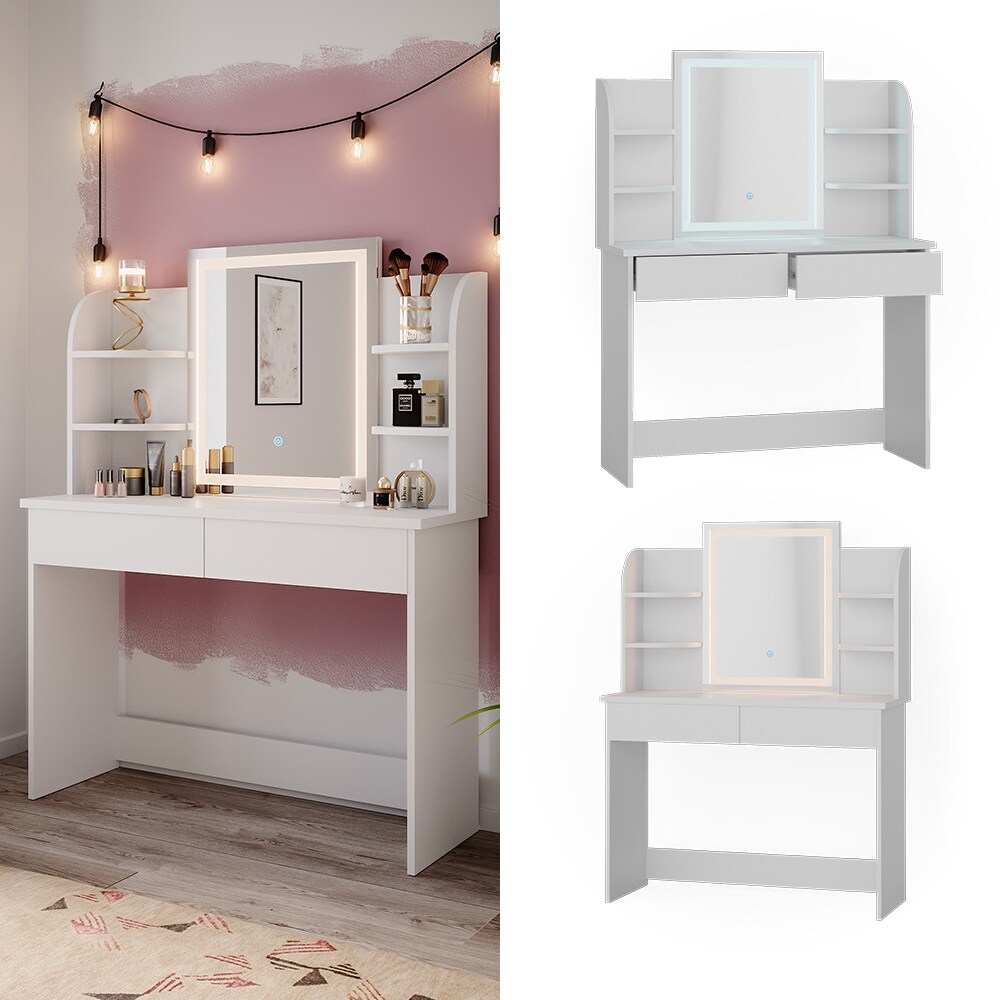 Vicco Schminktisch Frisiertisch Schminkkommode Charlotte Weiß LED-Spiegel 106x142 cm modern Schlafzimmer Kommode Schublade Ablage Aufbewahrung Kosmetiktisch Schminkkonsole Make-Up-Tisch