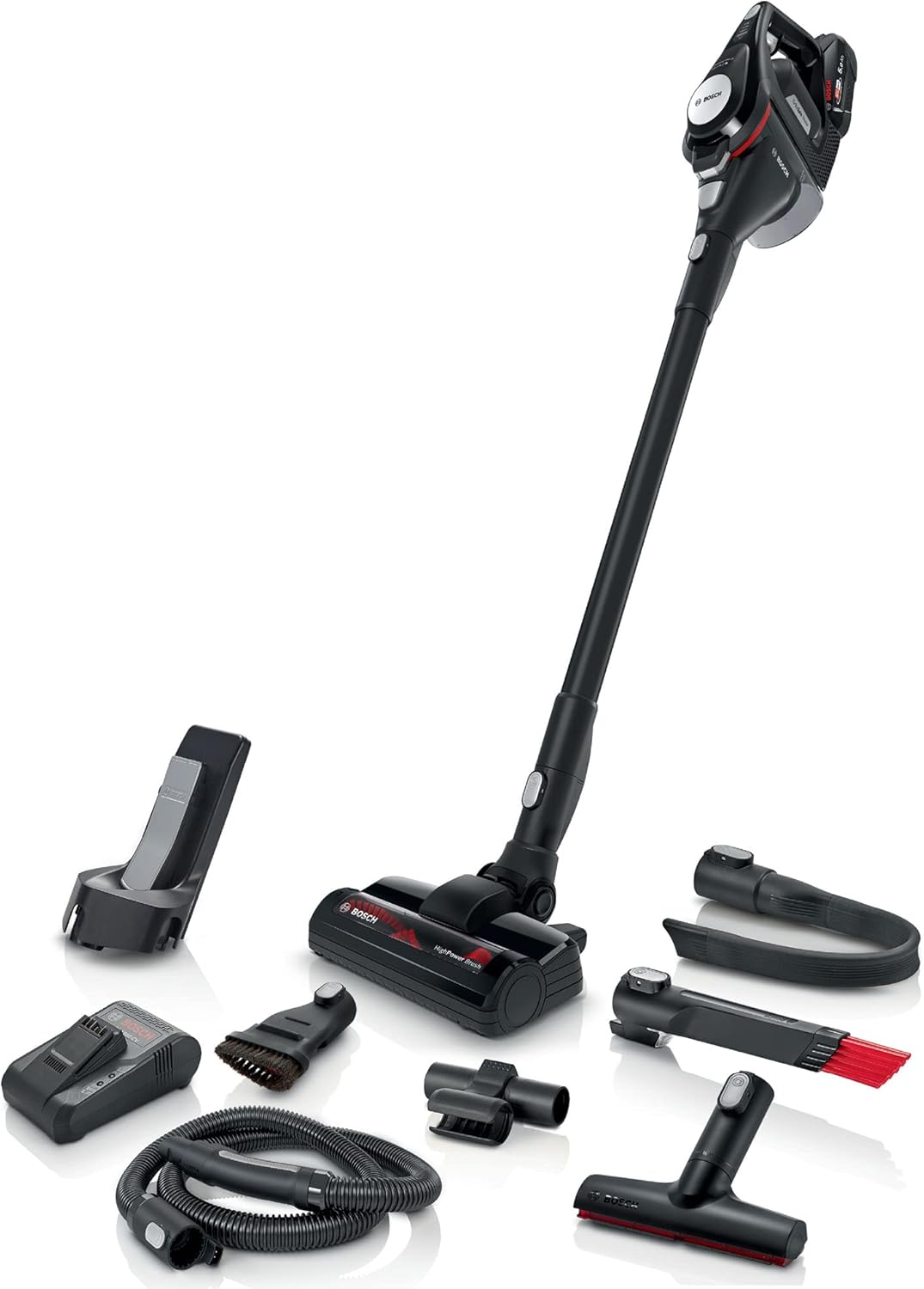 Bosch Akku-Staubsauger Unlimited Gen2 Serie 8 BSS825CARP, beutellos, bis 45 Min Laufzeit, austauschbarer Akku, Schnellladegerät, Flexibler Verlängerungsschlauch, XXL-Polsterdüse, Fugendüse, schwarz
