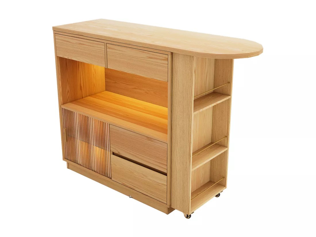 Bureau d'angle avec armoire de rangements - Plateau de table rotatif et rétractable- avec LED - Naturel