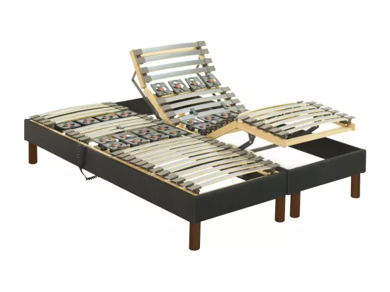 Lit électrique de relaxation déco lattes et plots + matelas mémoire de forme - 2 x 80 x 200 cm - Tissu - Anthracite - THESEE de NATUREA