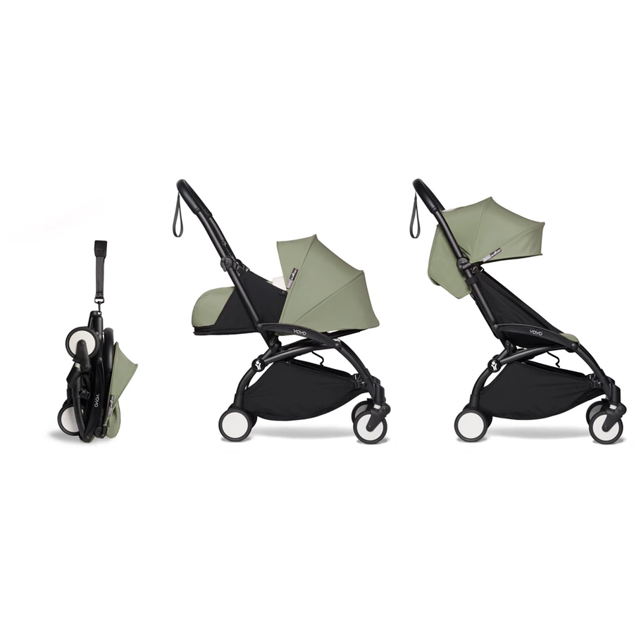BABYZEN Kinderwagen YOYO2 0+ Black mit Neugeborenenaufsatz Gratis Textilset Olive