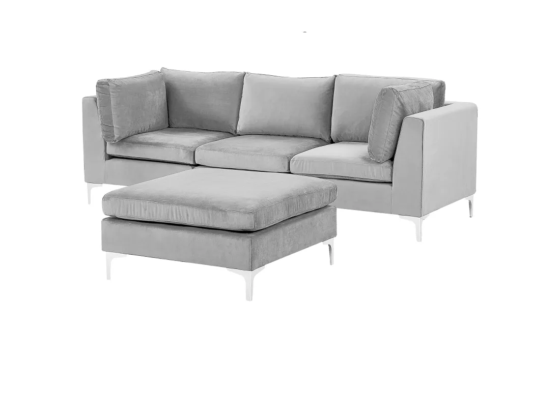 Canapé modulable 3 places en velours gris avec pouf ottoman EVJA