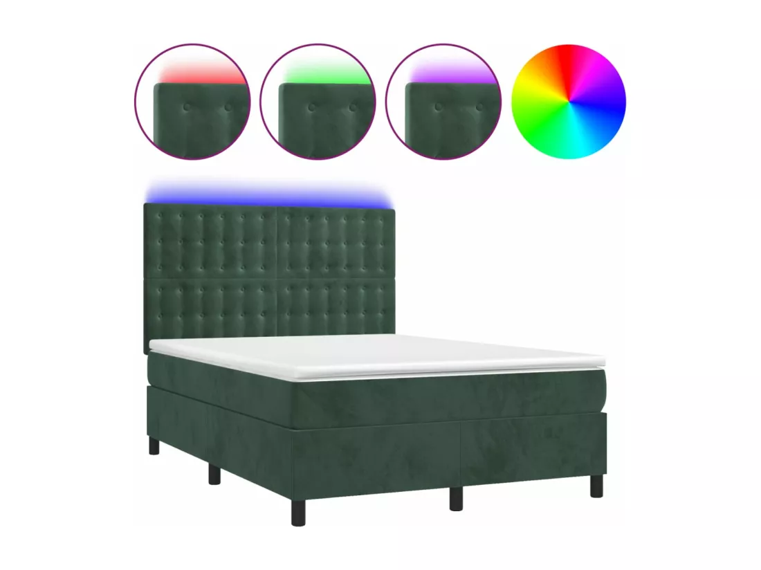 Sommier tapissier matelas et LED Vert foncé 140x200 cm Velours