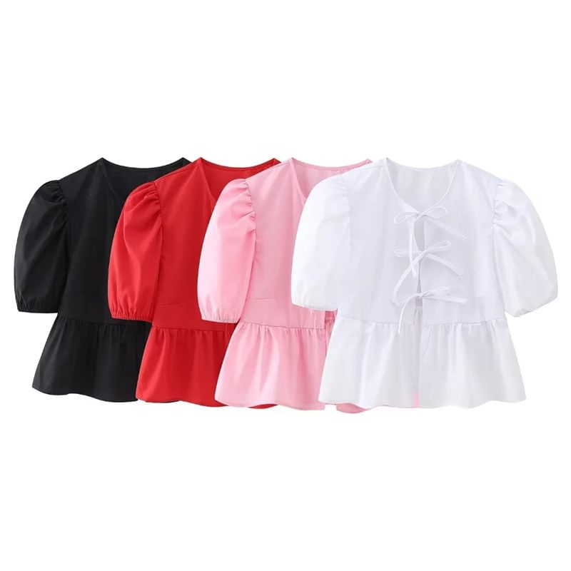 Yukis - Blouse met korte mouwen en peplumstrik aan de voorkant