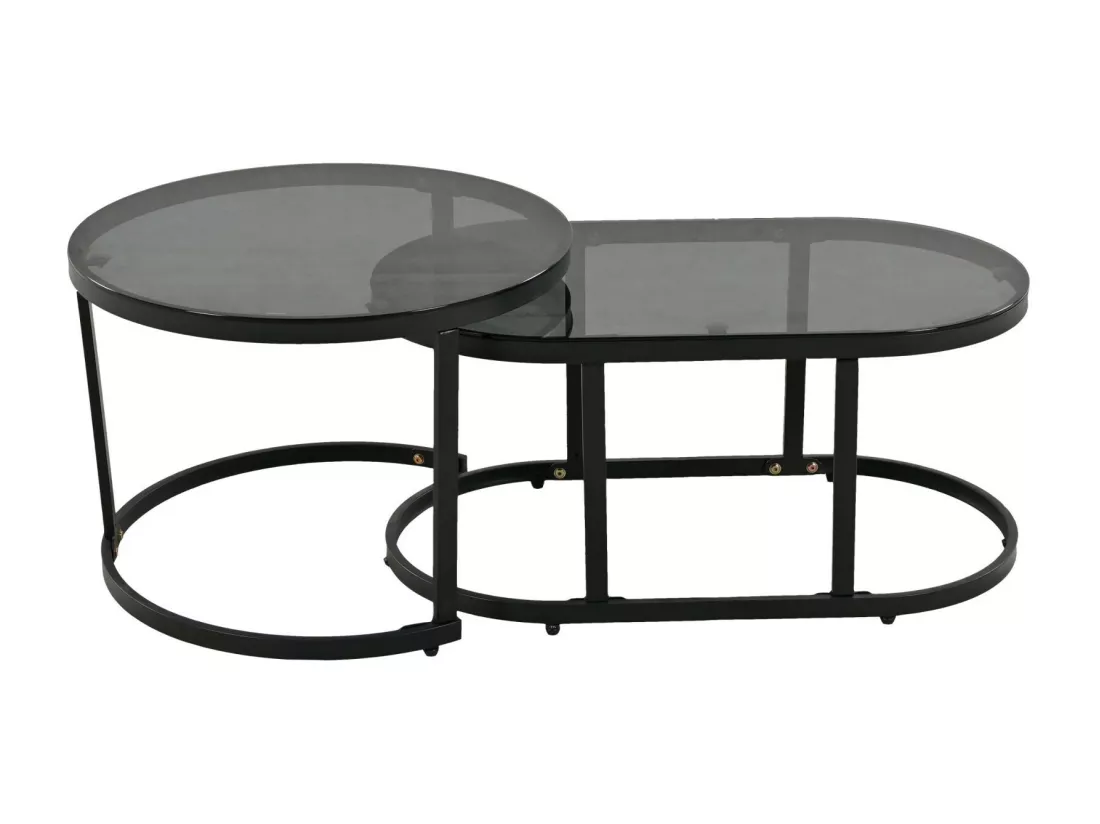 Salon de jardin 5 places en métal : un canapé 3 places + 2 fauteuils + tables gigognes en verre, pieds réglables, avec coussins