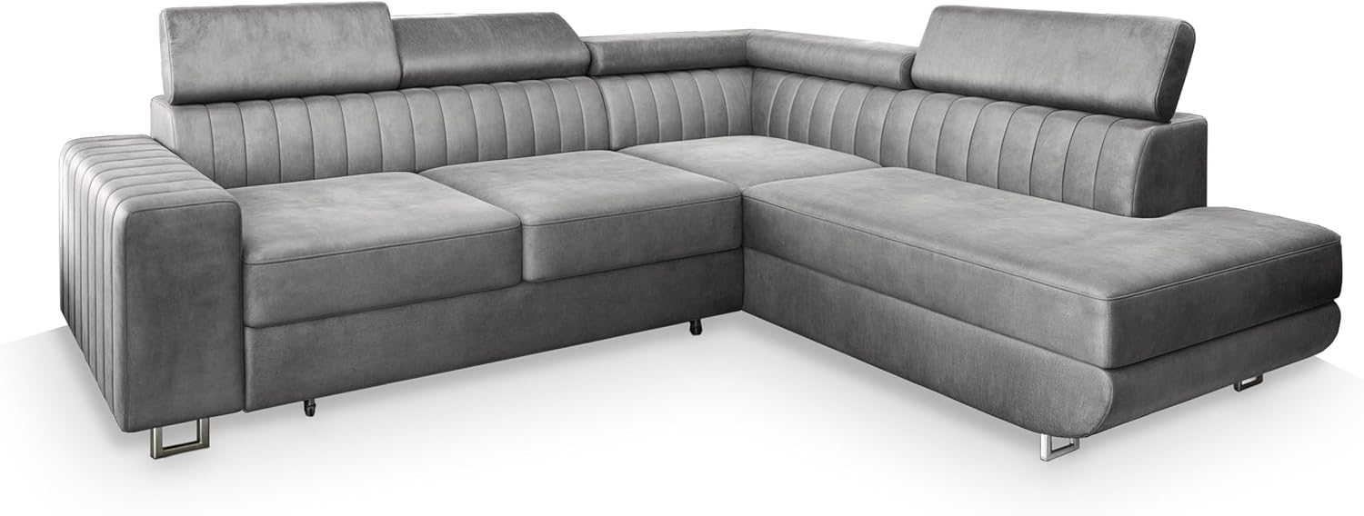Masseno Ecksofa NOLA R-S mit Schlaffunktion L-Form, Sofa mit Bettkasten, Wohnzimmersofa, Couch, Soffa, Bettsofa, Couchgarnitur- Hellgrau, Monolith 84