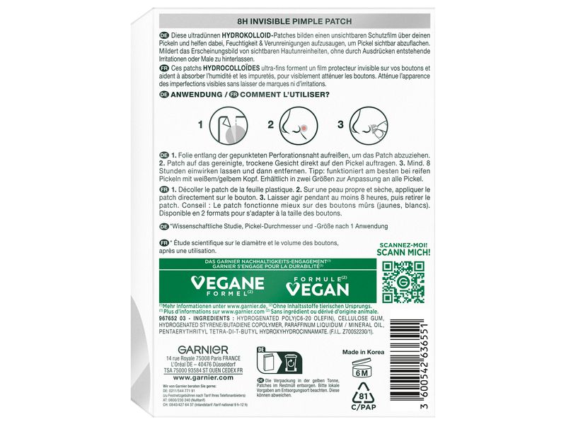 Garnier 8H Invisible Pimple Patch 22 Stück Hydrokolloid-Pflaster