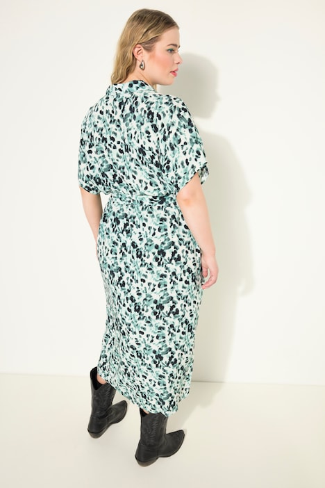 Hemdblusen-Midikleid, oversized, Allover-Print, Hemdkragen, Taillen-Bindegürtel