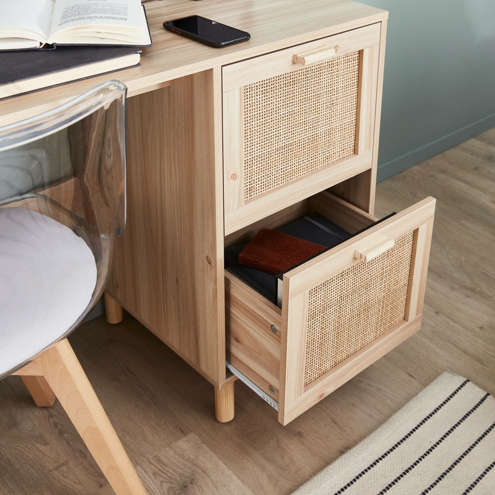 Bureau décor bois et cannage - camargue - 120cm. 2 tiroirs