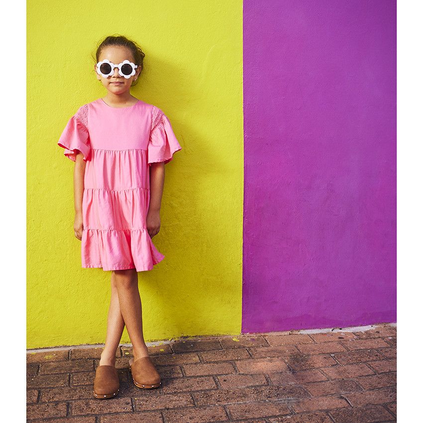 Robe manches courtes volantées unie pour fille - Multicolore