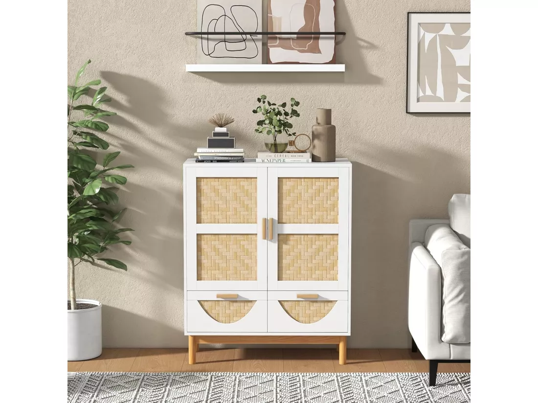 Buffet de Cuisine, Armoire Cuisine 2 Portes Tressées en Bambou, 2 Tiroirs, Étagère Réglable, Design Cannage, Kits Anti-Renversement, Vaisselier Armoire Cannage, Bohème, 80 x 35 x 98 cm