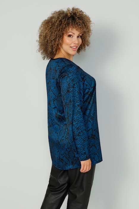 Tunika, farbiger Animalprint, V-Ausschnitt, Langarm