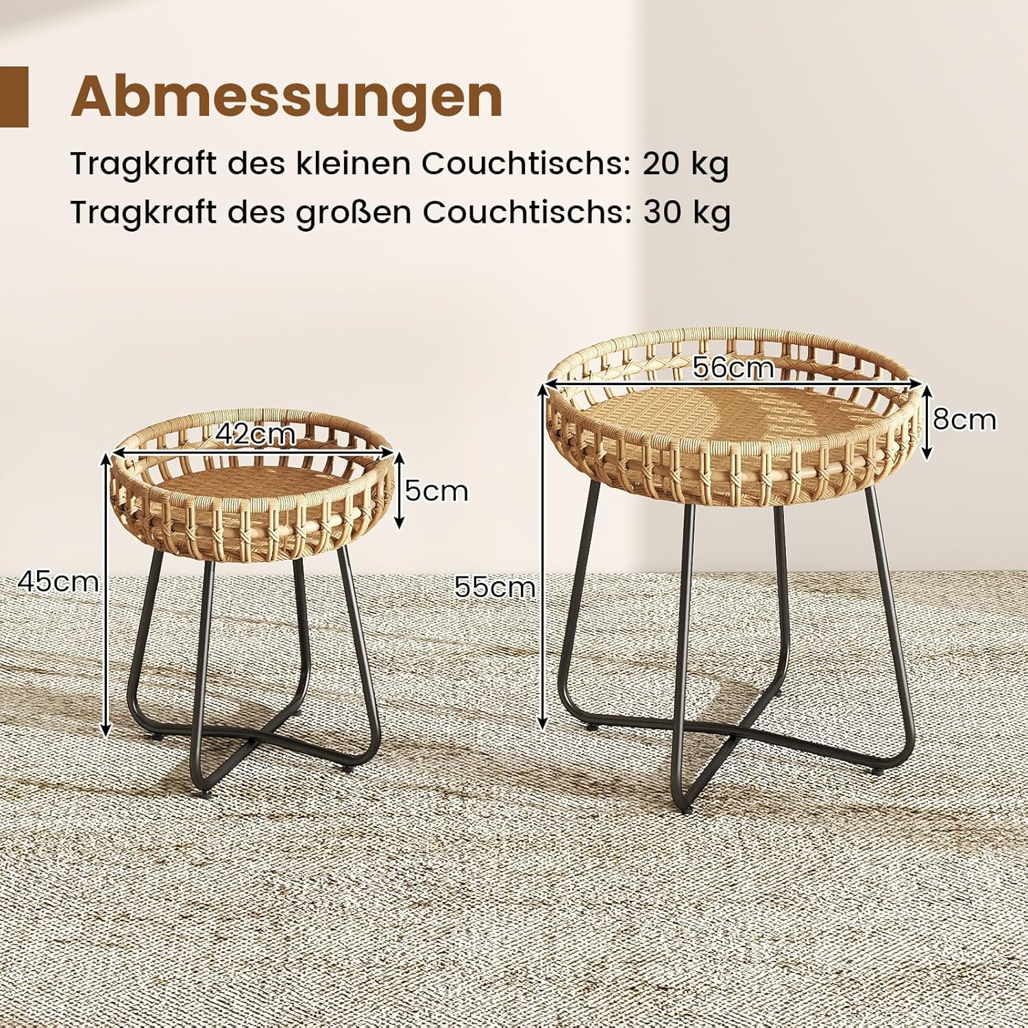 COSTWAY Beistelltisch rund 2er Set, Outdoor Rattan Gartentisch mit Metallrahmen und verstellbaren Füßen, Kleiner Balkontisch, Kaffeetisch für Balkon, Garten, Terrasse, Wohnzimmer CE4817391