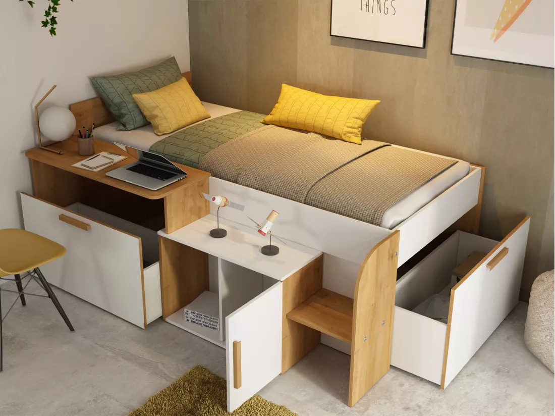 Lit combiné 90 x 200 cm avec bureau et rangements - Coloris : Blanc et naturel + Sommier - PEDRO
