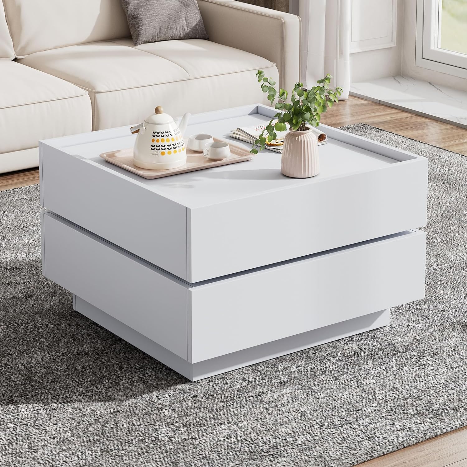BTM Funktionaler Couchtisch für das Wohnzimmer, 360° drehbar, drehbare Tischplatte mit 2 Ablagen und Stauraum, Gestell Wohnzimmerbeistelltisch reinweiß, 60x60x38 cm