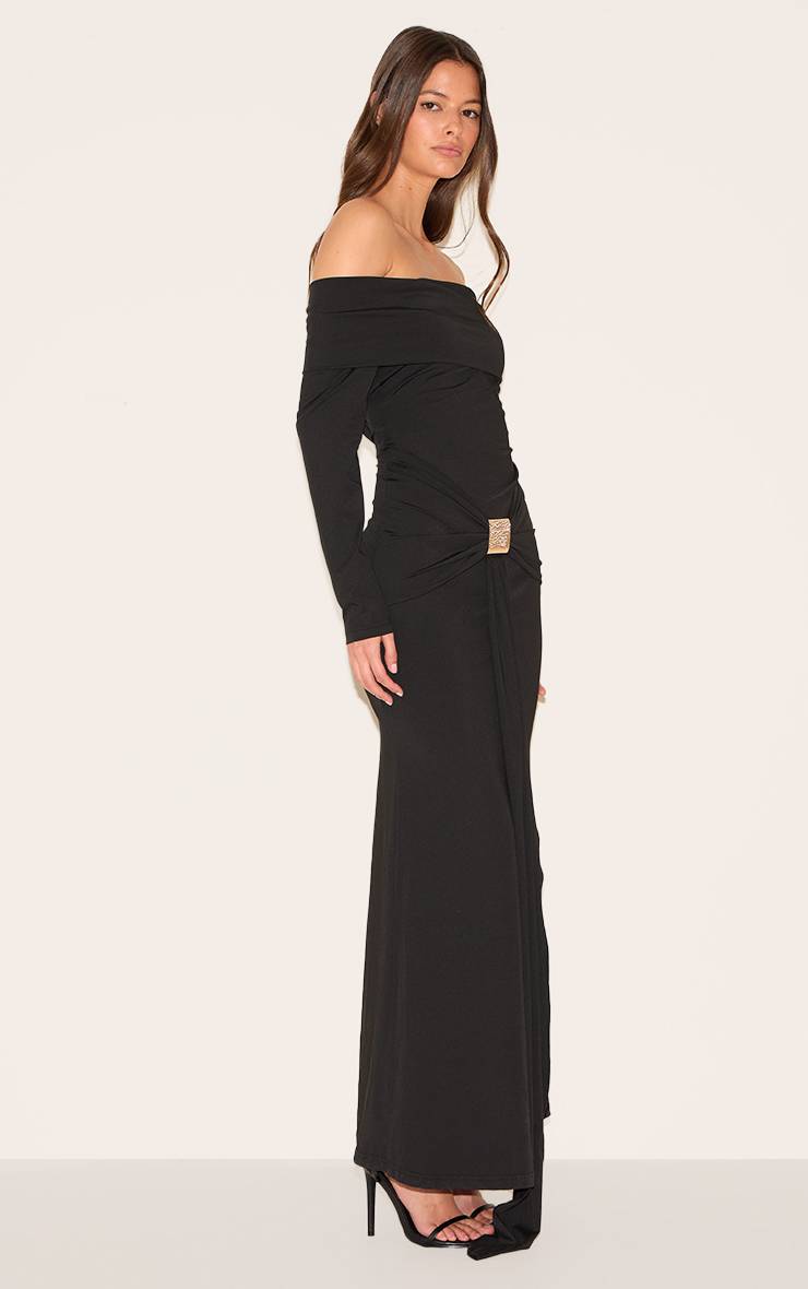 Noir Robe Longue Bardot À Manches Longues Avec Détails Drapés Et Finitions