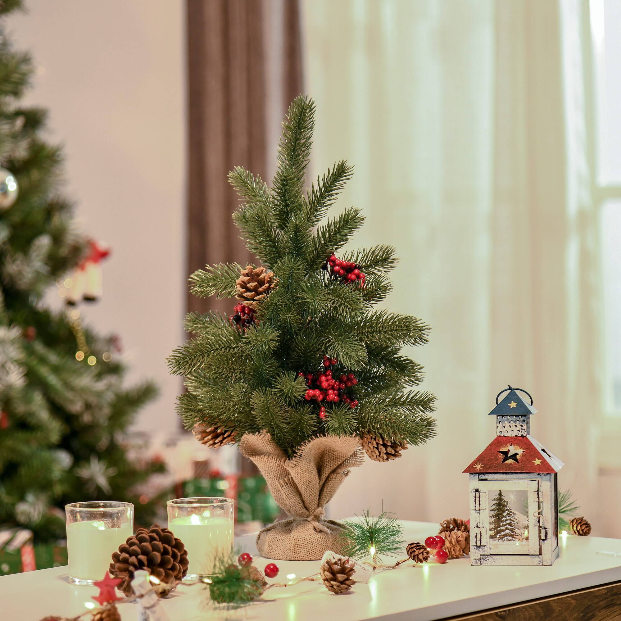 HOMCOM Künstlicher Weihnachtsbaum für den Tisch mit Sockel in Sackleine verpackt grün Ø28 x 50H cm