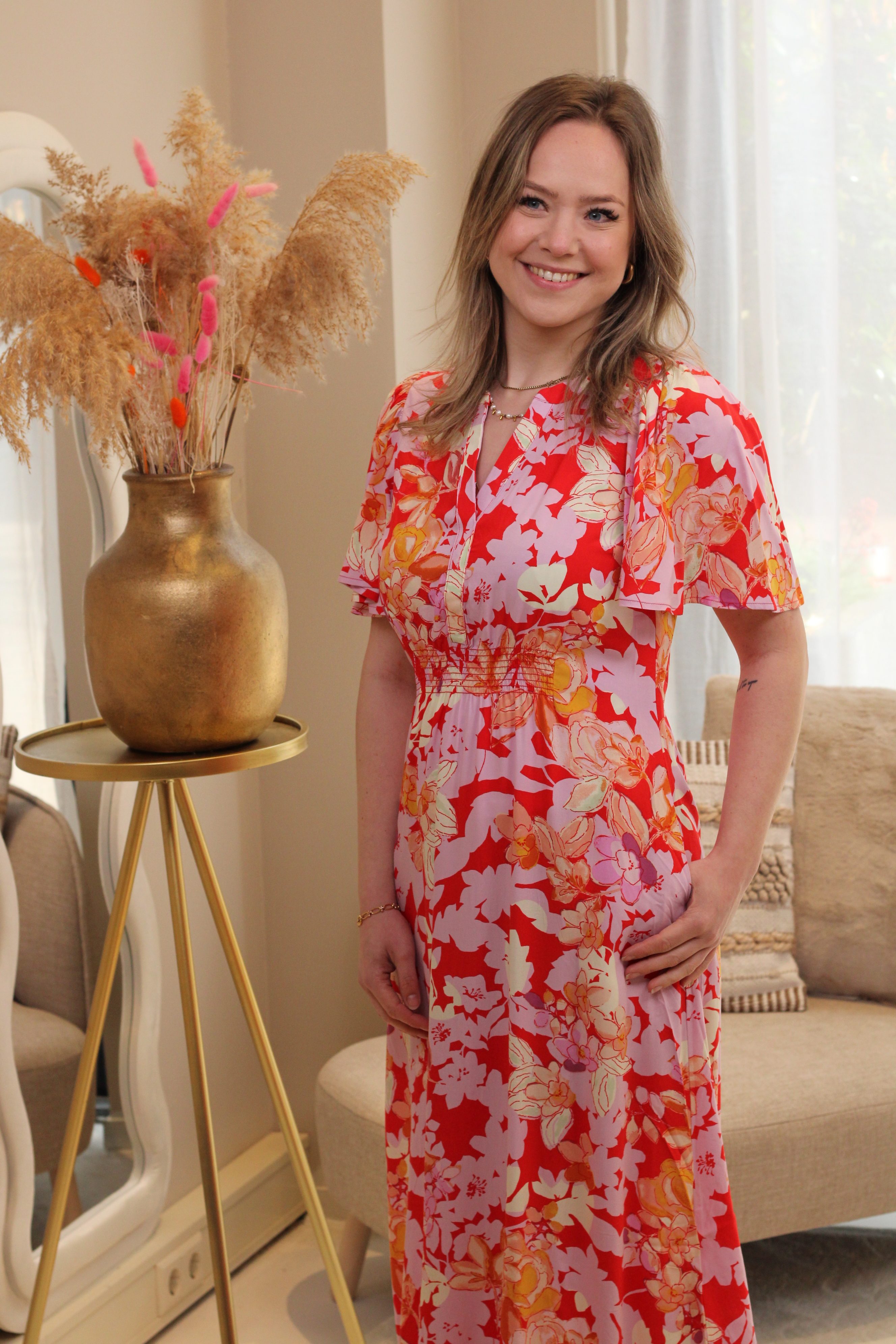 Culture - Audrey Bello Long Dress - Red/Pink Flower