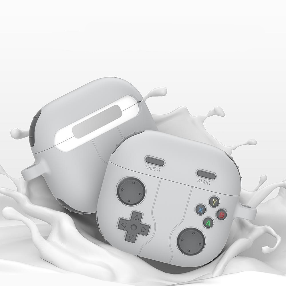 AirPods 4 Gummi Schutzhülle Retro Spielekonsole Abdeckung mit Karabinerhaken - Grau