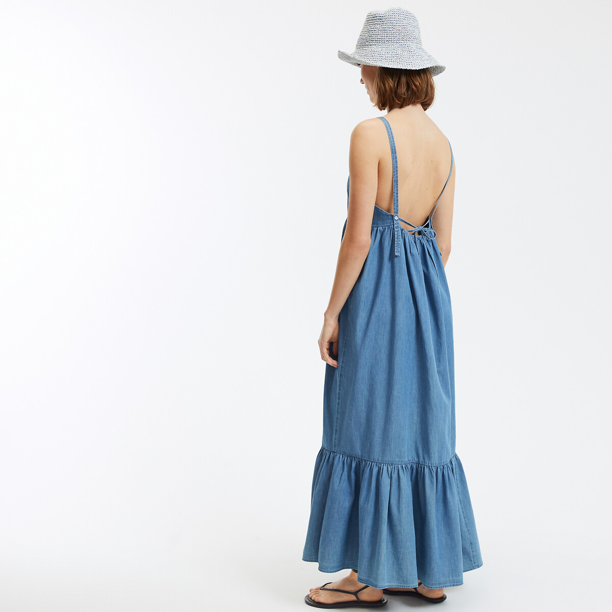 COLEÇÃO LA REDOUTE<br>Vestido longo jeans evasê com alças delicadas