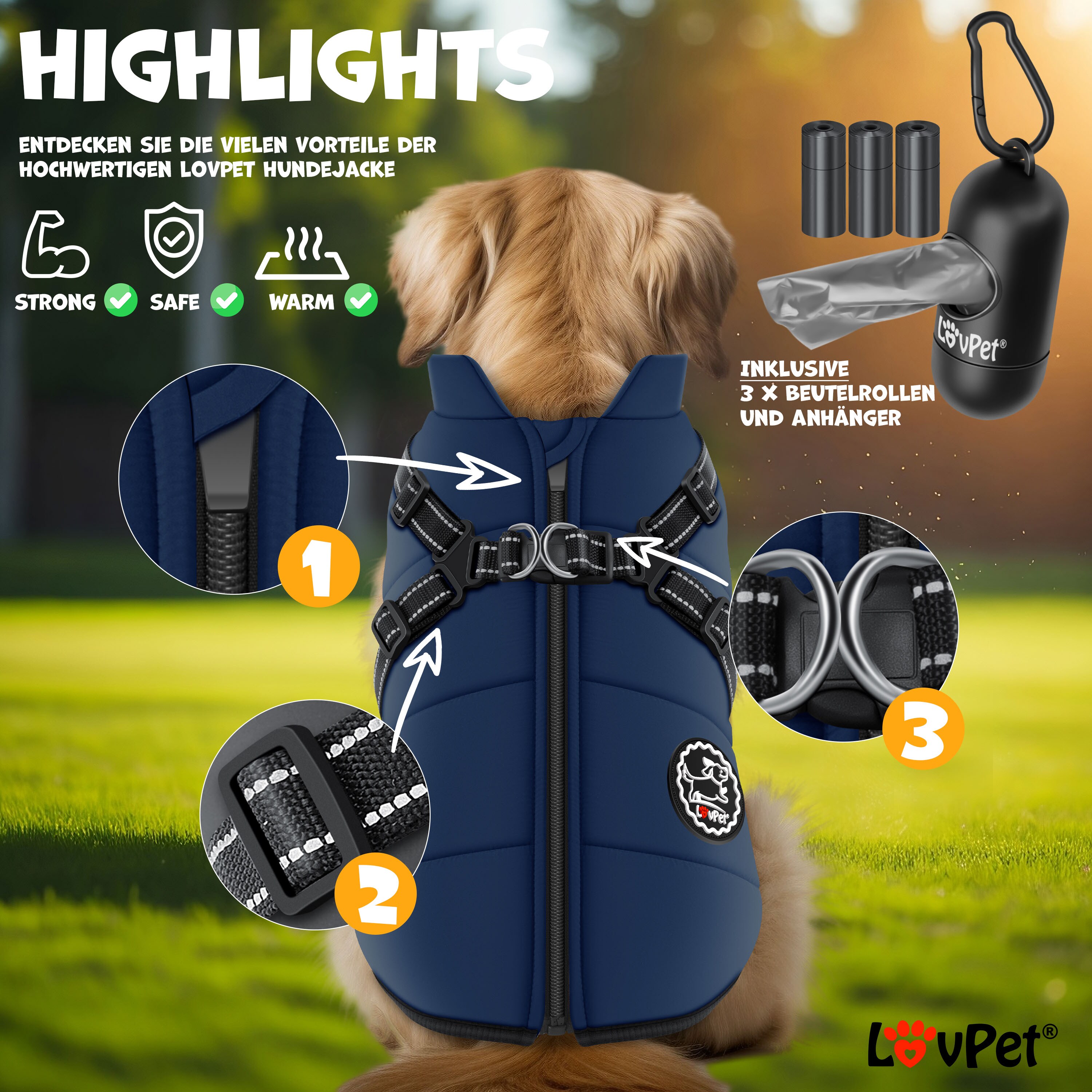 LOVPET® Hundejacke Hundemantel mit Geschirr, inkl. 45 Stück Kotbeutel + Spender, Hunde Winterweste gefüttert wasserdicht, Gepolsterte Weste Mit Brustgurt, Reflektoren, D-Ring