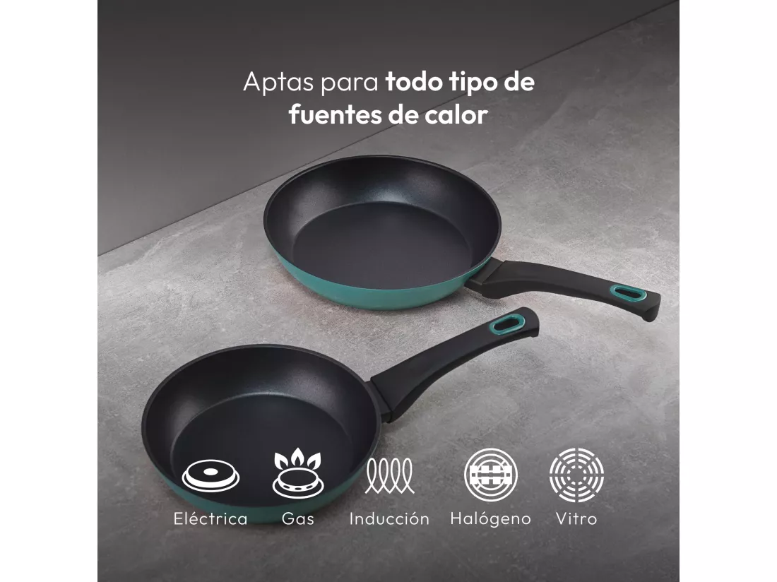 Lot de 2 poêles CLASSIQUE Ø20Ø24cm antiadhésives en aluminium forgé + ustensiles de cuisine Bergner vert