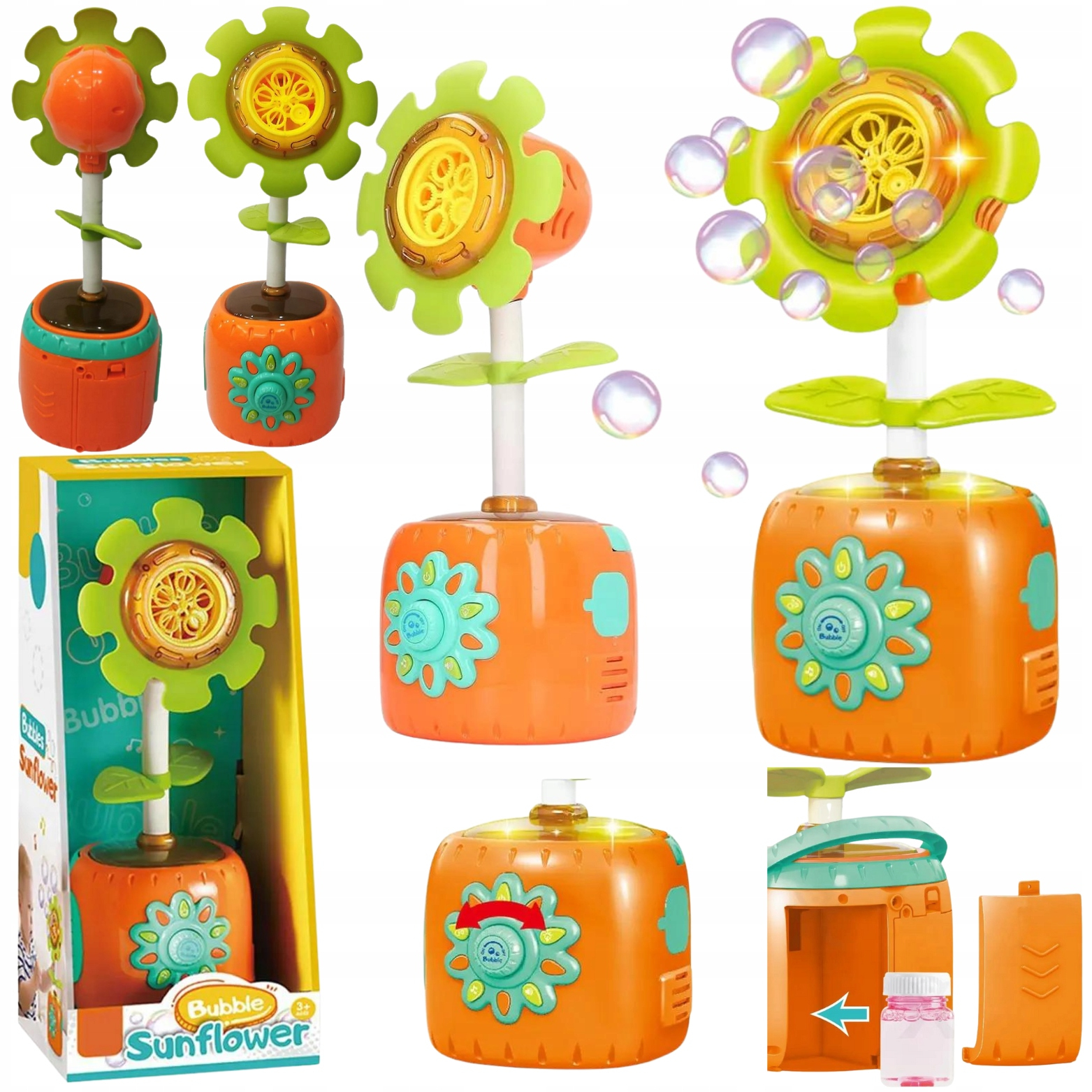 Seifenblasen Sonnenblume Outdoor Kinder Spielzeug Blumen Bubble Maker Maschine mit LED Beleuchtung   Sound Effekte (Batteriebetrieben) - Grün / Orange