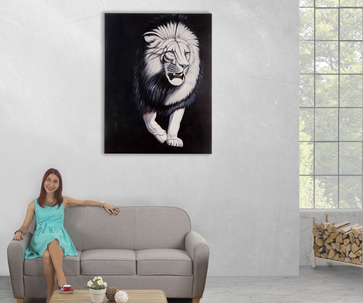Wandbild Weißer Löwe, 100% handgemaltes Ölgemälde Gemälde XL, 120x90cm
