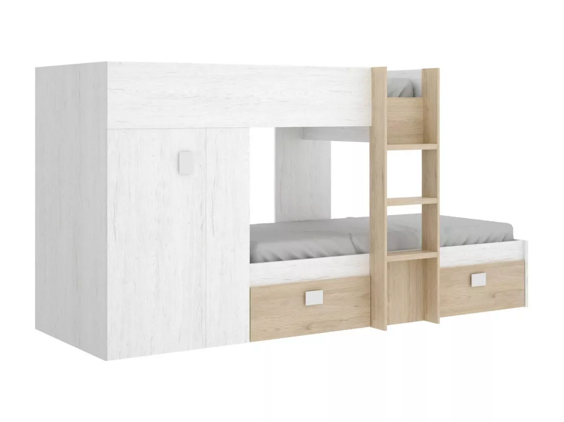 Lit enfant Cevedale, Chambre complète avec armoire et tiroirs, Composition de lits superposés avec deux lits simples, 271x111h150 cm, Blanc et Chêne