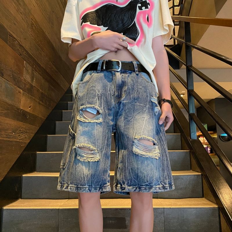 Breeson - Low Rise Washed Distressed Wide Leg Denim Shorts