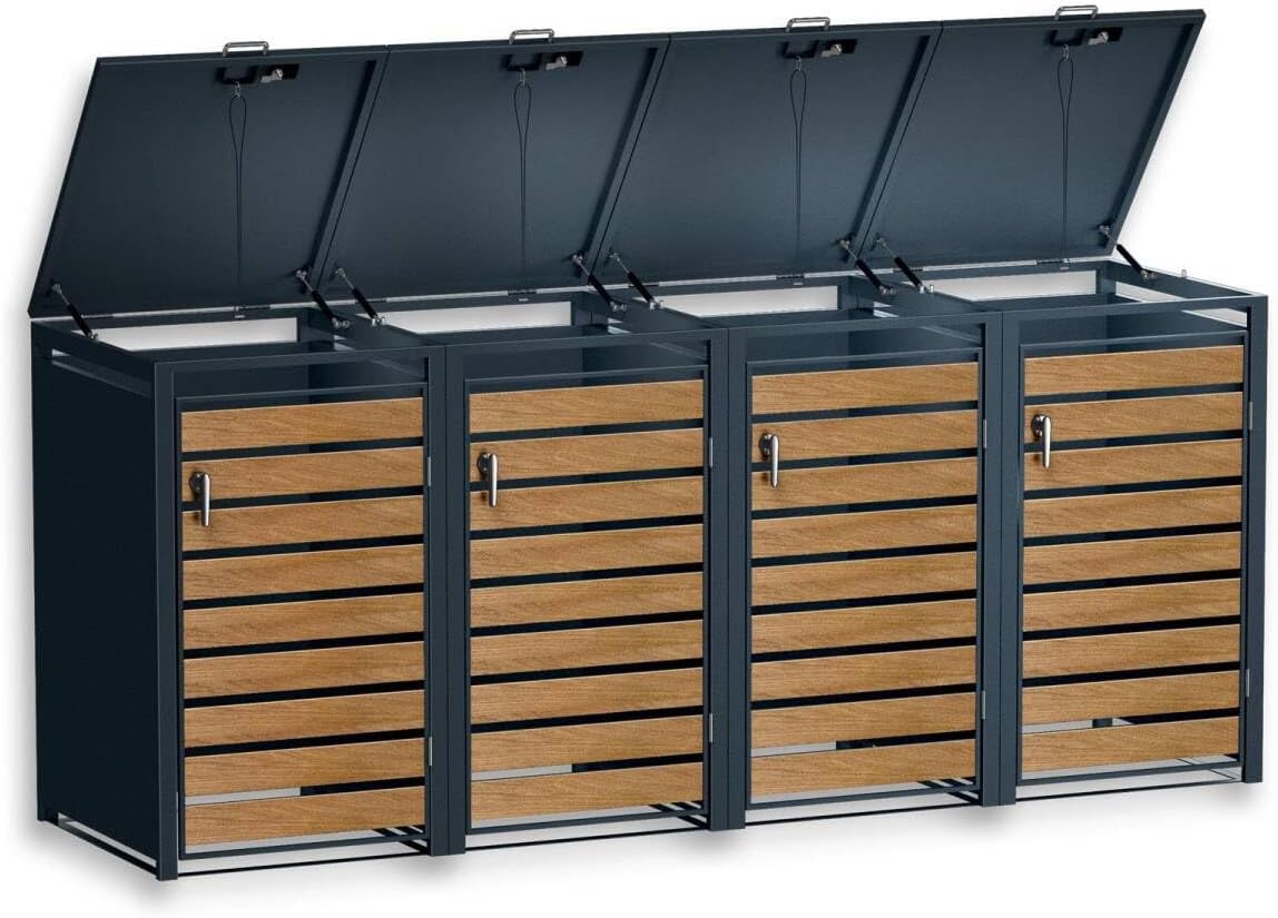 Metzler Mülltonnenbox in Anthrazit & Holzoptik 4er 240L, Mülltonnenverkleidung 4 Tonnen, witterungsbeständiger und pulverbeschichteter Stahl mit Automatikdeckel, abschließbar, Garten- und Müllbox