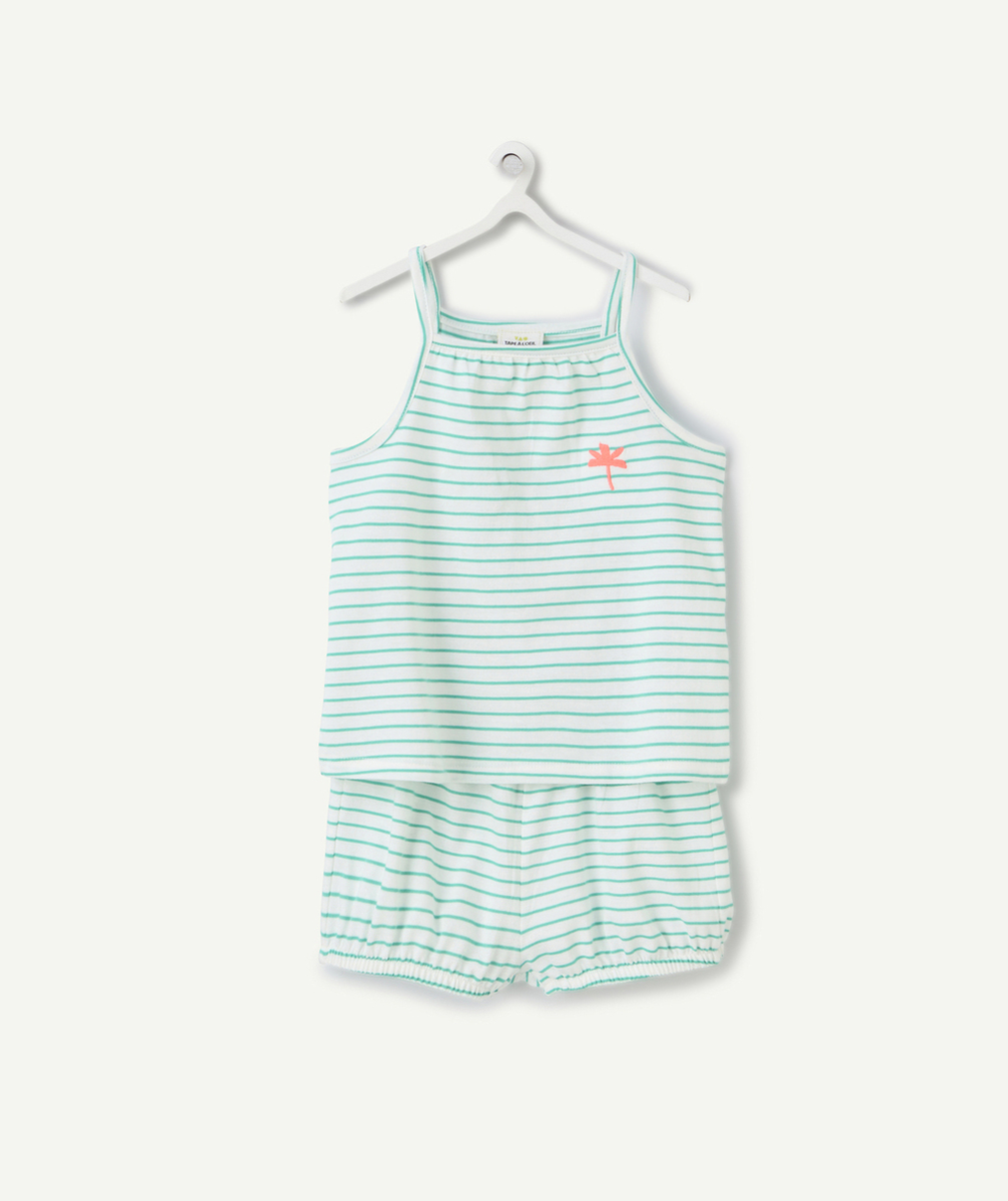 ensemble top et short bébé fille en coton bio imprimé à rayures vert et blanc