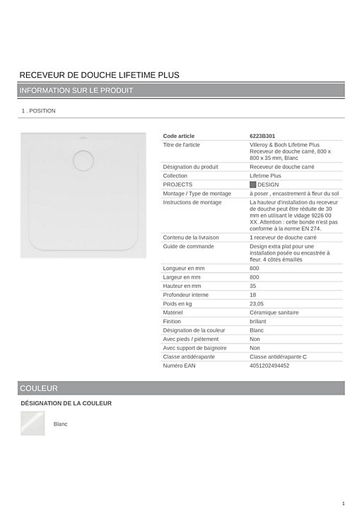 Receveur de douche 80 x 80 cm en céramique, blanc, Villeroy & Boch Slim