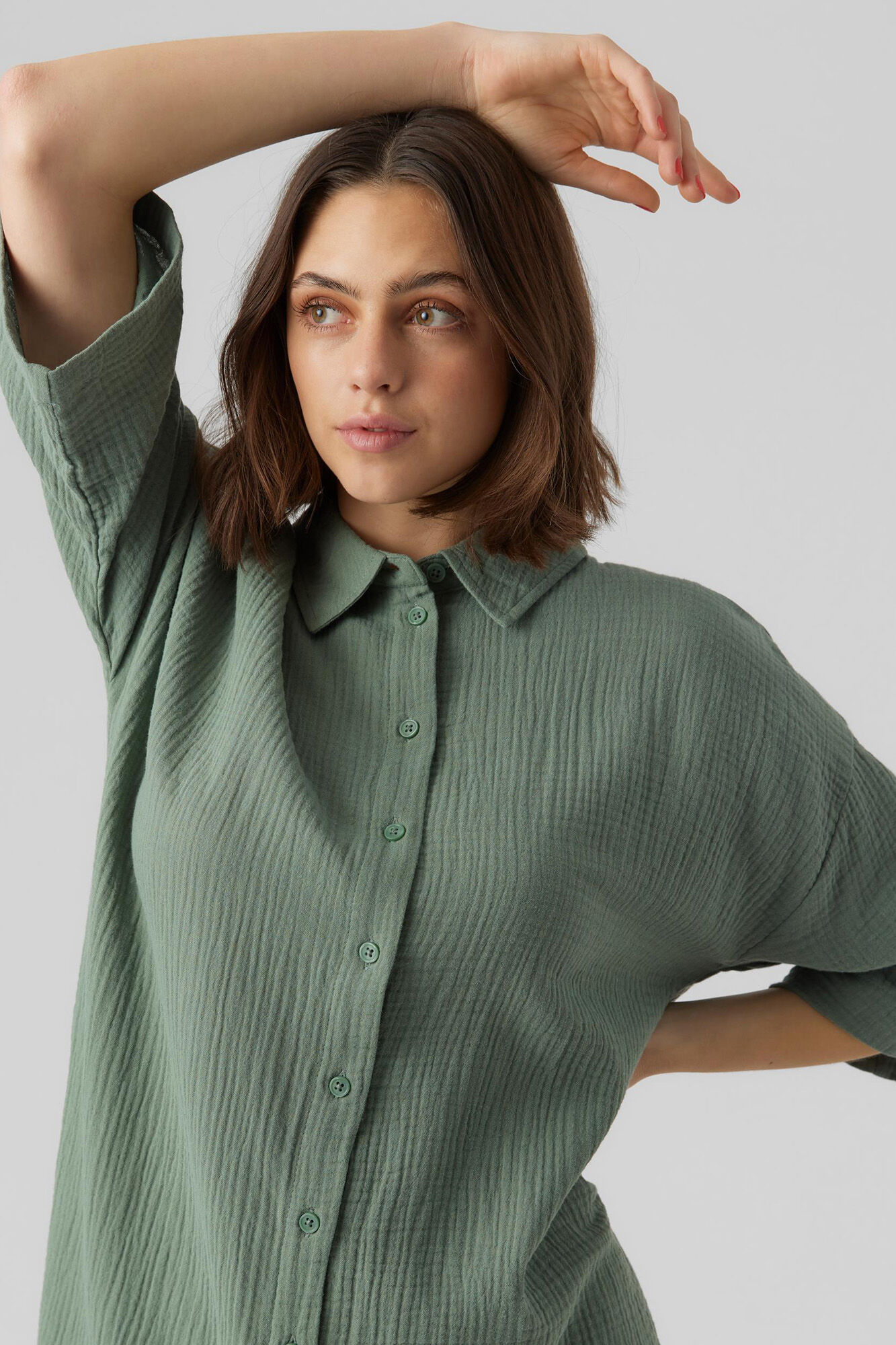 Vestido camisa com mangas três-quartos - Verde