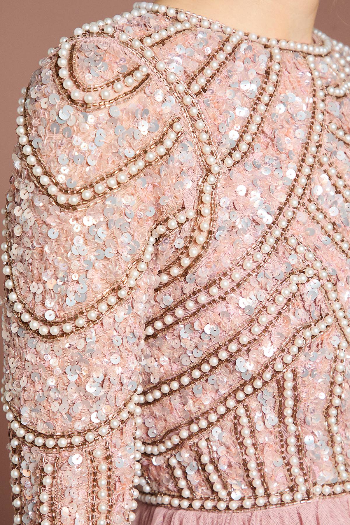 Coast Robe de Demoiselle d'Honneur Maxi Coast Honoured à Manches Longues avec Corsage à Paillettes et Jupe en Tulle