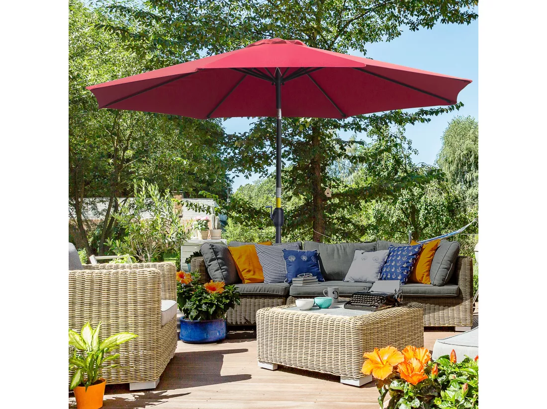 Parasol en métal rond polyester 180g/m² manivelle inclinable Ø 3 x 2,45 m bordeaux