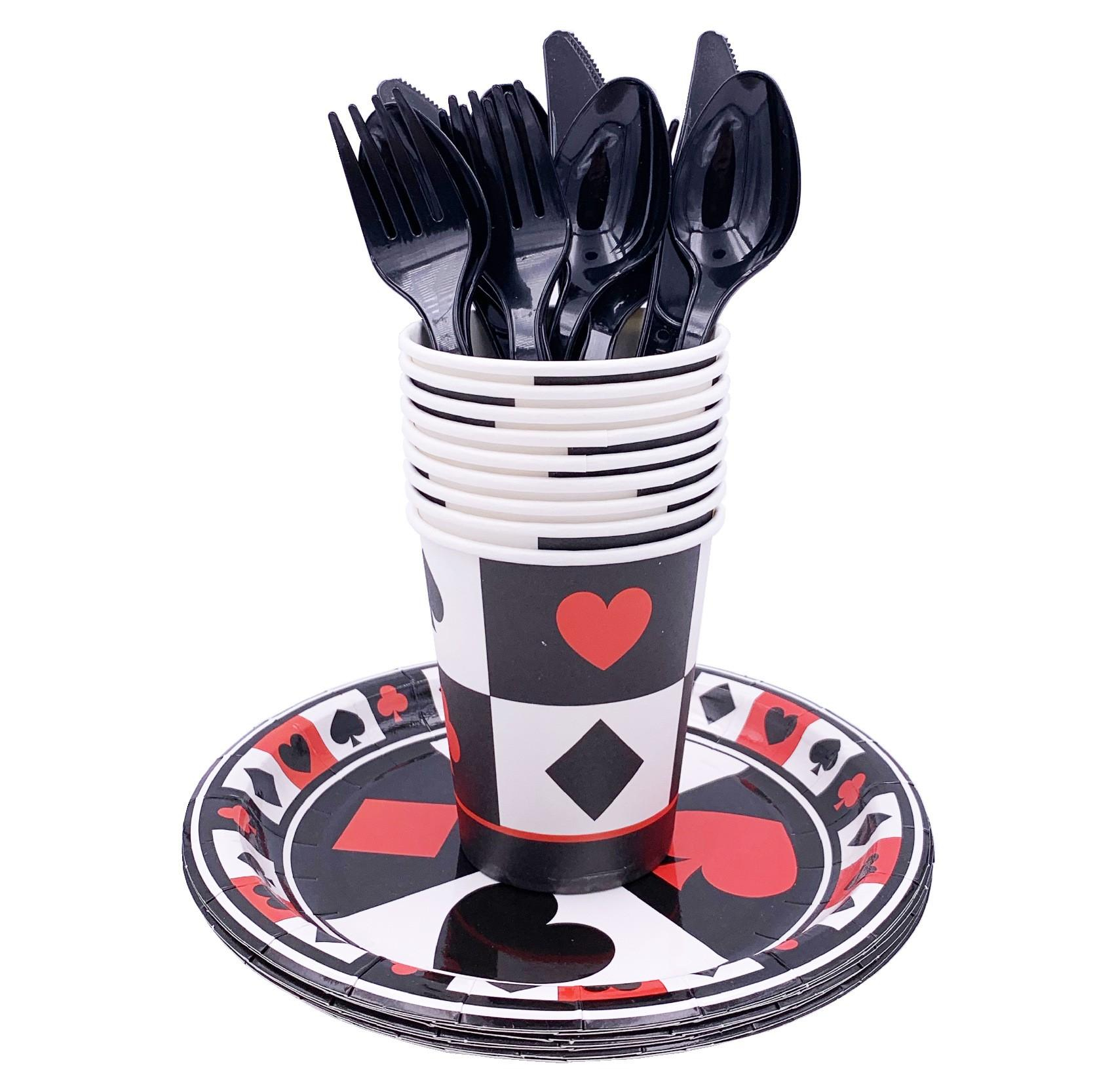 (113-tlg. Set) Einweg Geschirr Party Tisch Deko inkl. Servietten / Teller / Papp Becher - Poker